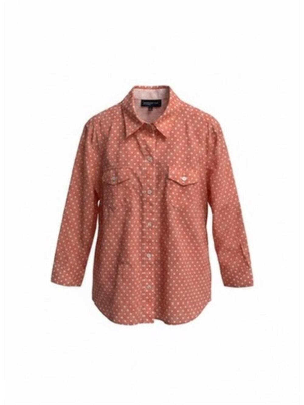 Jones New York Woman Size L Peach and White Polka Dot Button Down Shirt Top